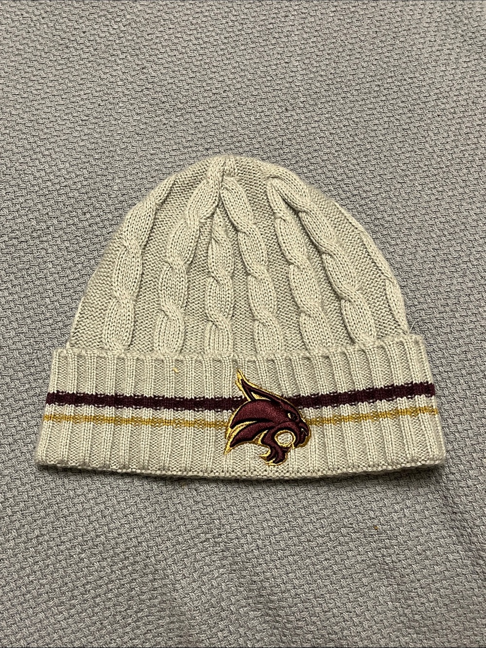 Cream Cable Knit Pom Cuff Beanie with Maroon & Gold Stripe